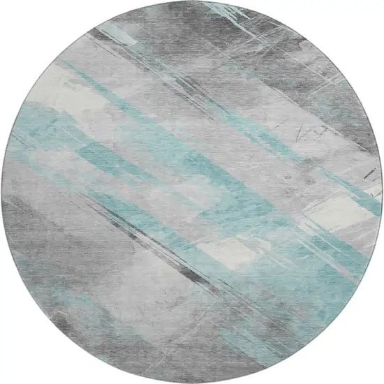 8' X 8' Teal Gray And Silver Striped Washable Round Rug With UV Protection Photo 1