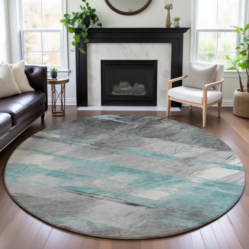 8' X 8' Teal Gray And Silver Striped Washable Round Rug With UV Protection Photo 4