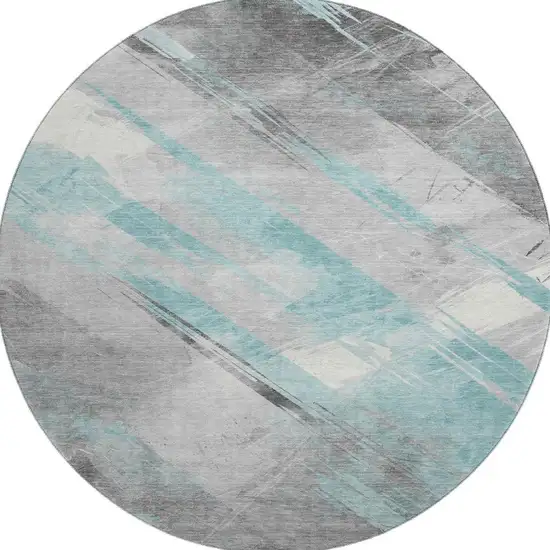 8' X 8' Teal Gray And Silver Striped Washable Round Rug With UV Protection Photo 3