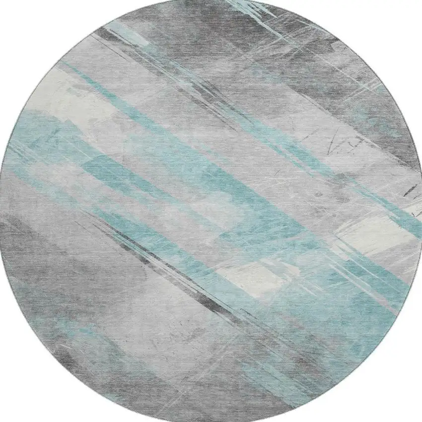 8' X 8' Teal Gray And Silver Striped Washable Round Rug With UV Protection Photo 3
