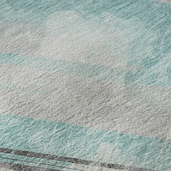 8' X 8' Teal Gray And Silver Striped Washable Round Rug With UV Protection Photo 8