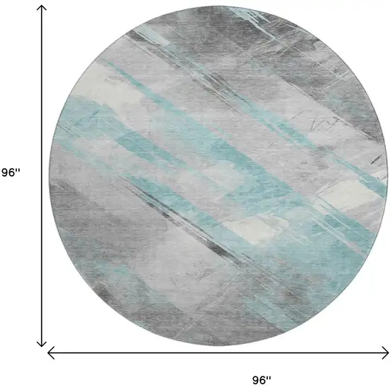 8' X 8' Teal Gray And Silver Striped Washable Round Rug With UV Protection Photo 9