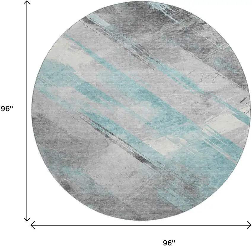 8' X 8' Teal Gray And Silver Striped Washable Round Rug With UV Protection Photo 9