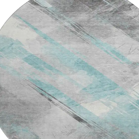 8' X 8' Teal Gray And Silver Striped Washable Round Rug With UV Protection Photo 2