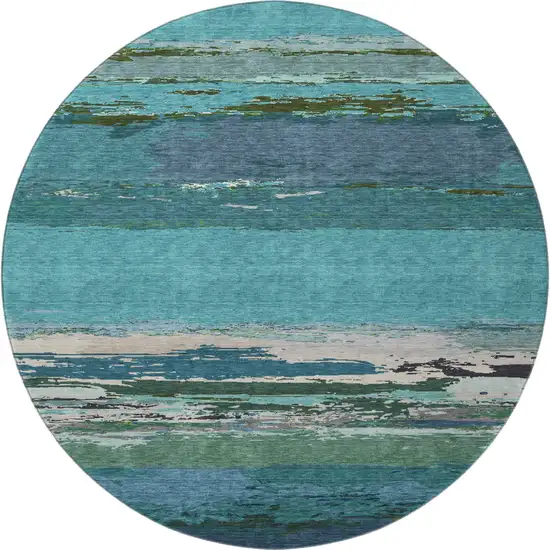 8' X 8' Teal Green And Ivory Abstract Washable Round Rug With UV Protection Photo 3