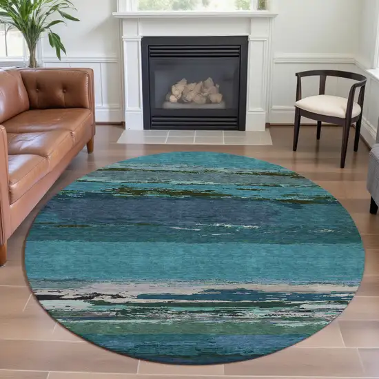 8' X 8' Teal Green And Ivory Abstract Washable Round Rug With UV Protection Photo 4