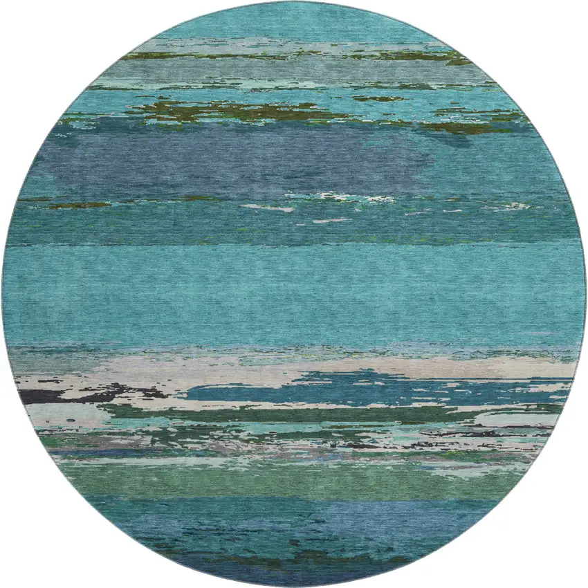 8' X 8' Teal Green And Ivory Abstract Washable Round Rug With UV Protection Photo 1