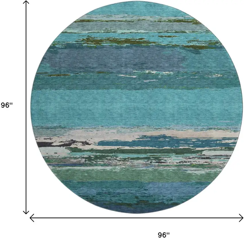 8' X 8' Teal Green And Ivory Abstract Washable Round Rug With UV Protection Photo 9