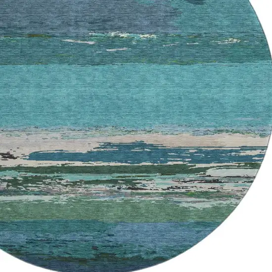 8' X 8' Teal Green And Ivory Abstract Washable Round Rug With UV Protection Photo 2