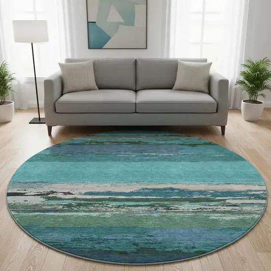 8' X 8' Teal Green And Ivory Abstract Washable Round Rug With UV Protection Photo 2