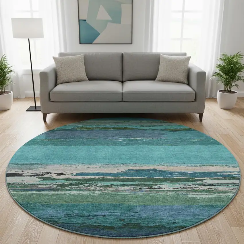 8' X 8' Teal Green And Ivory Abstract Washable Round Rug With UV Protection Photo 2