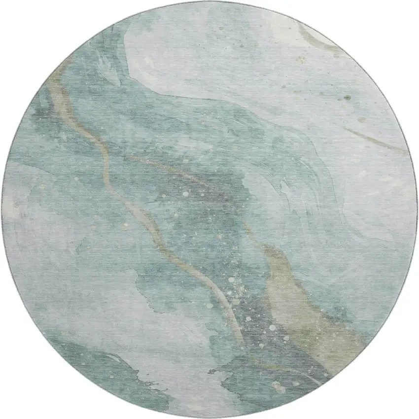 8' X 8' Teal Green And Ivory Abstract Washable Round Rug With UV Protection Photo 1