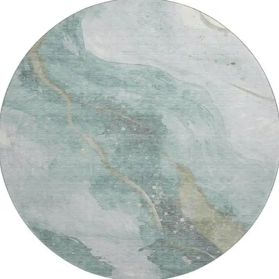 8' X 8' Teal Green And Ivory Abstract Washable Round Rug With UV Protection Photo 3