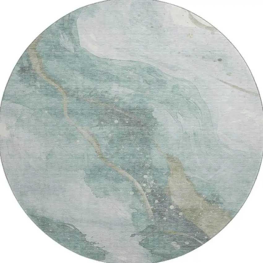 8' X 8' Teal Green And Ivory Abstract Washable Round Rug With UV Protection Photo 3