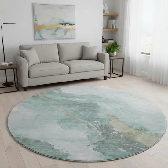 8' X 8' Teal Green And Ivory Abstract Washable Round Rug With UV Protection Photo 2
