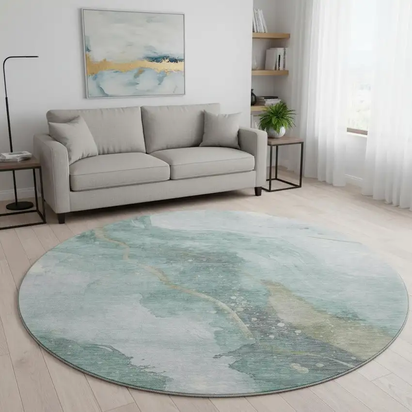 8' X 8' Teal Green And Ivory Abstract Washable Round Rug With UV Protection Photo 2