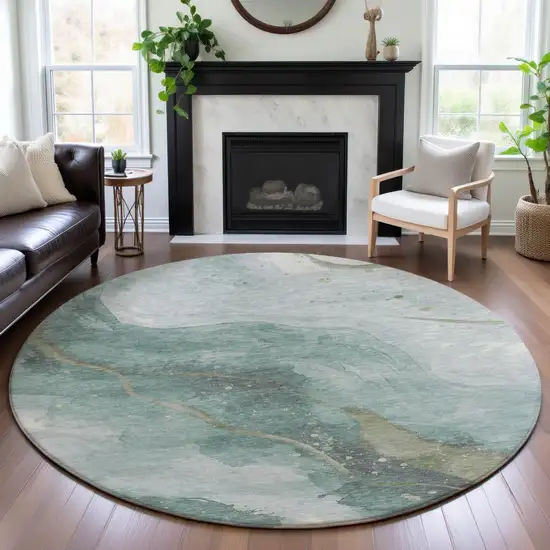 8' X 8' Teal Green And Ivory Abstract Washable Round Rug With UV Protection Photo 4
