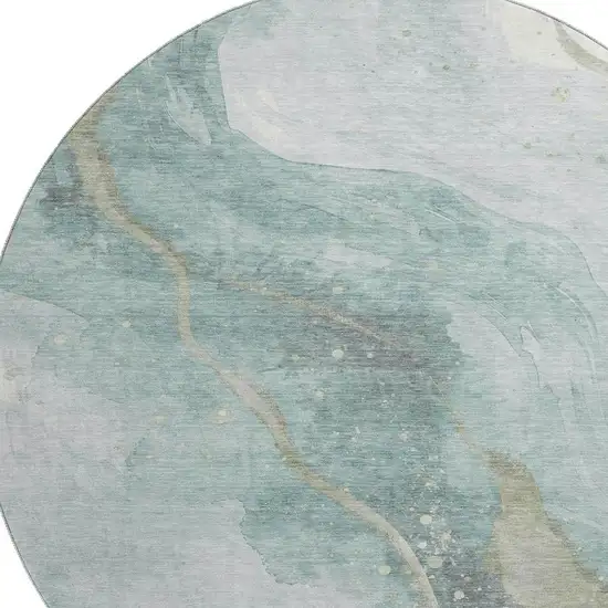 8' X 8' Teal Green And Ivory Abstract Washable Round Rug With UV Protection Photo 2