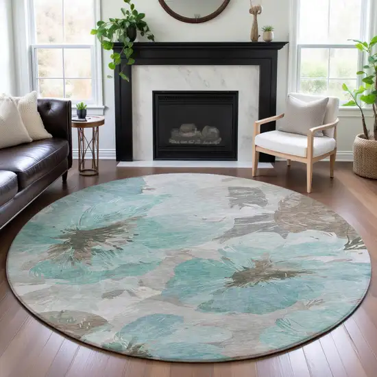 8' X 8' Teal Ivory And Beige Floral Washable Round Rug With UV Protection Photo 4