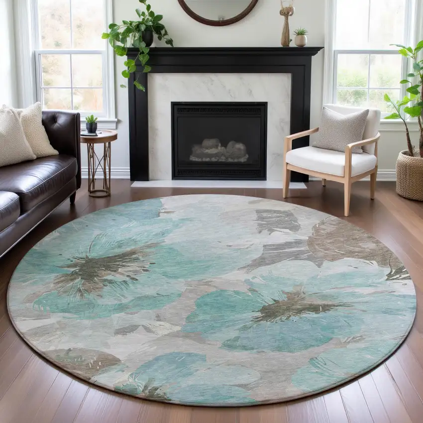 8' X 8' Teal Ivory And Beige Floral Washable Round Rug With UV Protection Photo 4