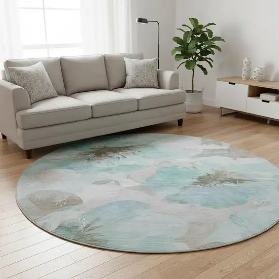 8' X 8' Teal Ivory And Beige Floral Washable Round Rug With UV Protection Photo 2