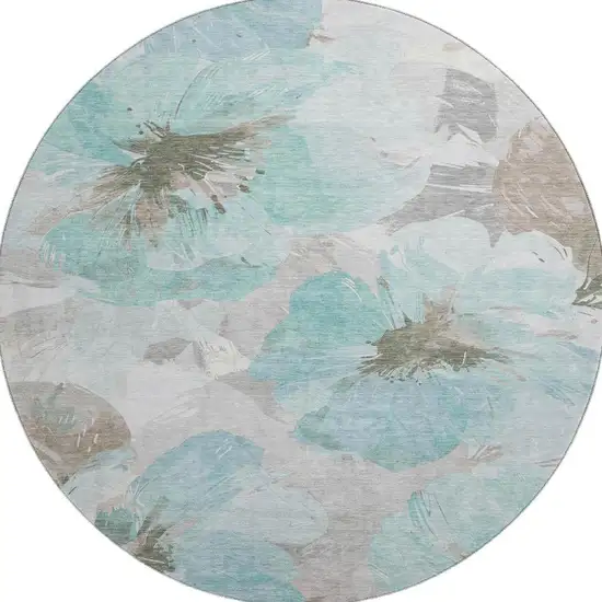 8' X 8' Teal Ivory And Beige Floral Washable Round Rug With UV Protection Photo 3