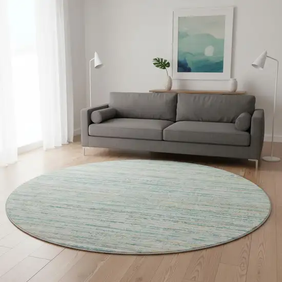 8' X 8' Teal Ivory And Gold Striped Washable Round Rug With UV Protection Photo 2