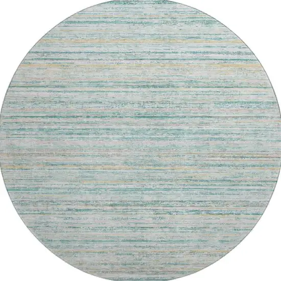 8' X 8' Teal Ivory And Gold Striped Washable Round Rug With UV Protection Photo 3