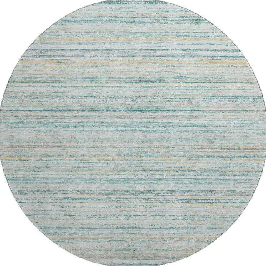 8' X 8' Teal Ivory And Gold Striped Washable Round Rug With UV Protection Photo 3