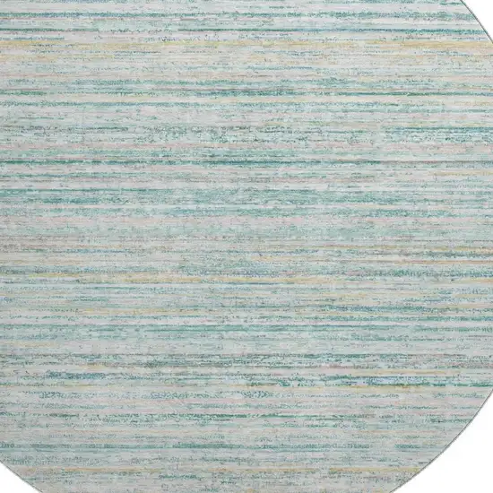 8' X 8' Teal Ivory And Gold Striped Washable Round Rug With UV Protection Photo 2