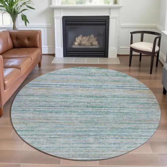 8' X 8' Teal Ivory And Gold Striped Washable Round Rug With UV Protection Photo 4