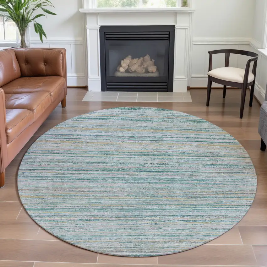 8' X 8' Teal Ivory And Gold Striped Washable Round Rug With UV Protection Photo 4