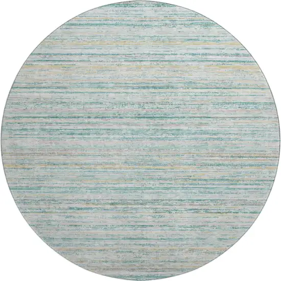 8' X 8' Teal Ivory And Gold Striped Washable Round Rug With UV Protection Photo 1