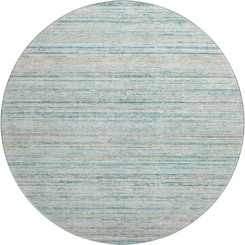 8' X 8' Teal Ivory And Gold Striped Washable Round Rug With UV Protection Photo 1