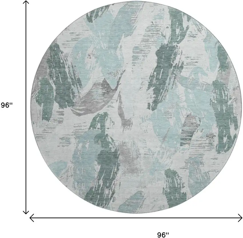 8' X 8' Teal Ivory And Gray Abstract Washable Round Rug With UV Protection Photo 9