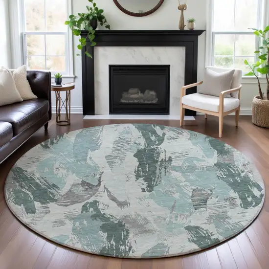 8' X 8' Teal Ivory And Gray Abstract Washable Round Rug With UV Protection Photo 4