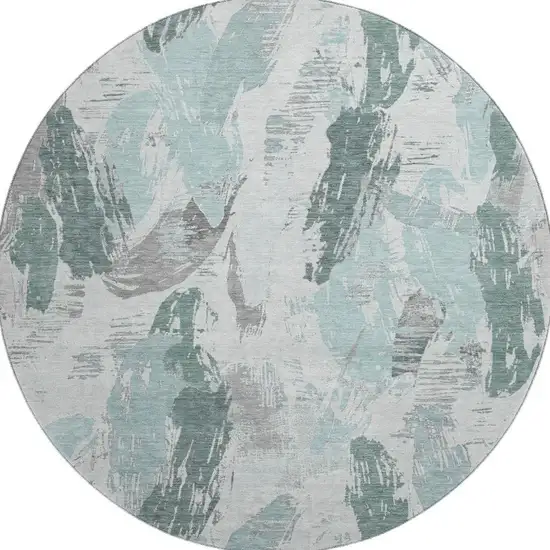 8' X 8' Teal Ivory And Gray Abstract Washable Round Rug With UV Protection Photo 3