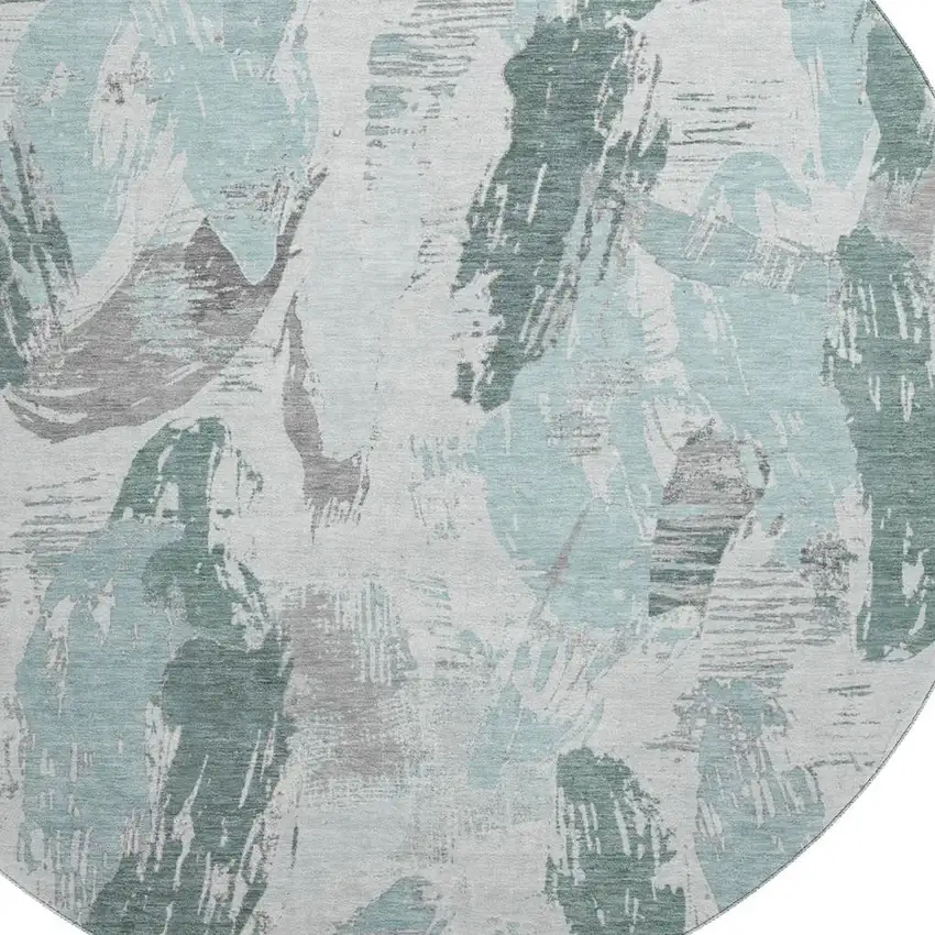 8' X 8' Teal Ivory And Gray Abstract Washable Round Rug With UV Protection Photo 2