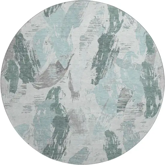 8' X 8' Teal Ivory And Gray Abstract Washable Round Rug With UV Protection Photo 1