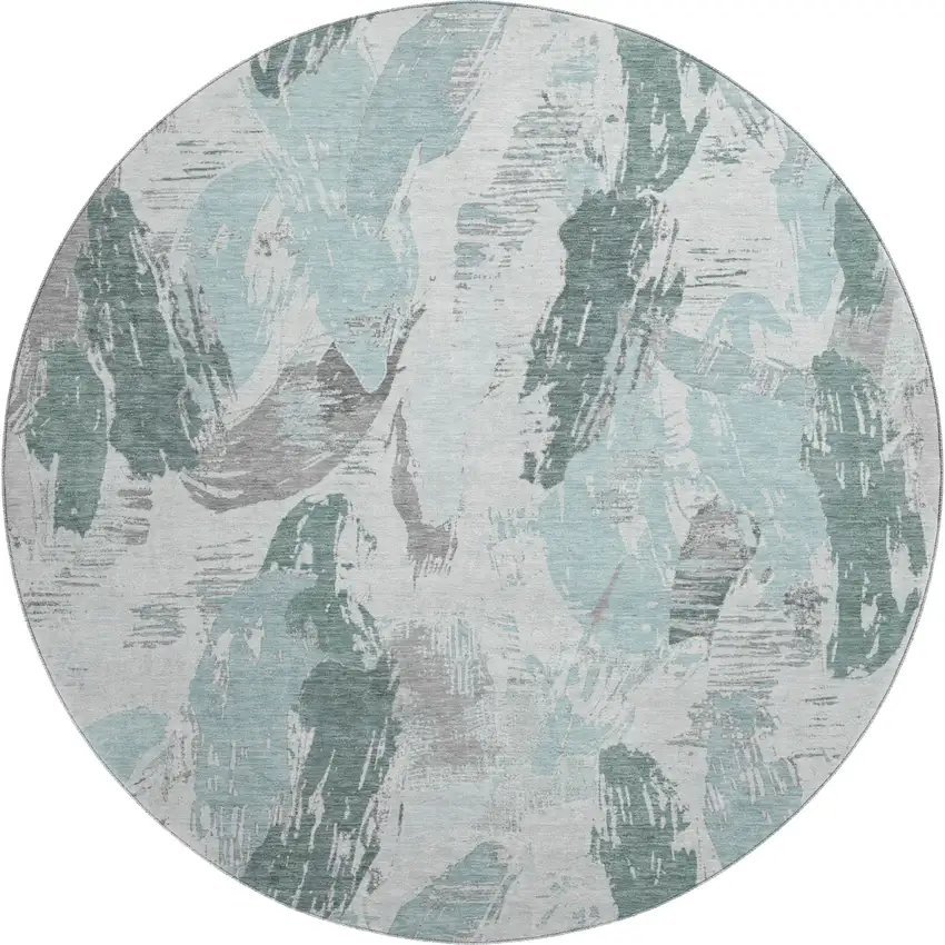 8' X 8' Teal Ivory And Gray Abstract Washable Round Rug With UV Protection Photo 1