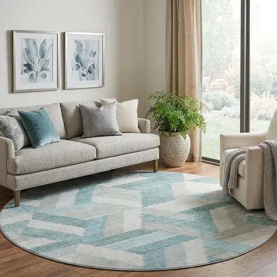 8' X 8' Teal Ivory And Gray Geometric Washable Round Rug With UV Protection Photo 1
