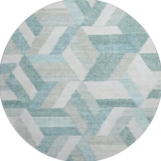 8' X 8' Teal Ivory And Gray Geometric Washable Round Rug With UV Protection Photo 2