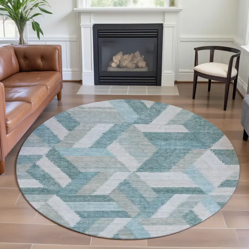 8' X 8' Teal Ivory And Gray Geometric Washable Round Rug With UV Protection Photo 4