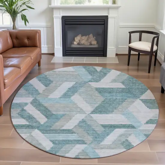 8' X 8' Teal Ivory And Gray Geometric Washable Round Rug With UV Protection Photo 4