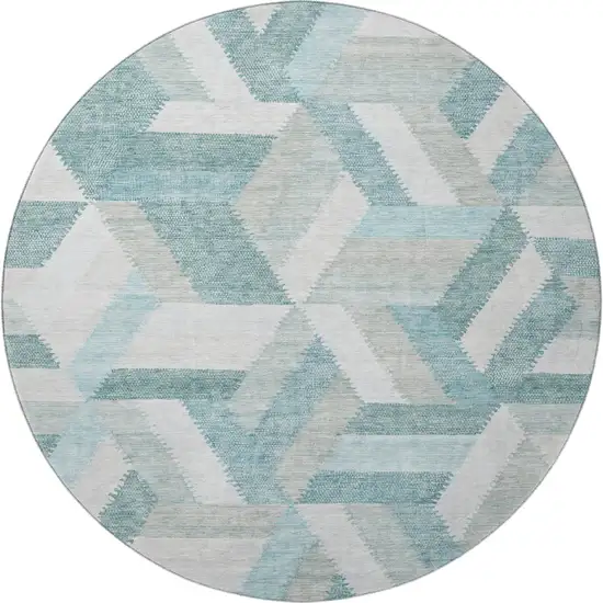 8' X 8' Teal Ivory And Gray Geometric Washable Round Rug With UV Protection Photo 3