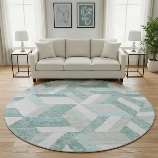 8' X 8' Teal Ivory And Gray Geometric Washable Round Rug With UV Protection Photo 2