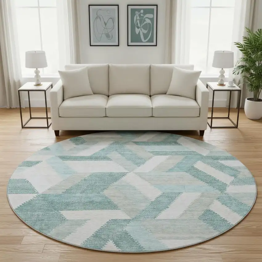 8' X 8' Teal Ivory And Gray Geometric Washable Round Rug With UV Protection Photo 2