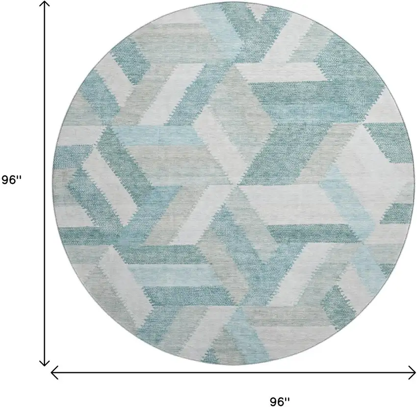 8' X 8' Teal Ivory And Gray Geometric Washable Round Rug With UV Protection Photo 9