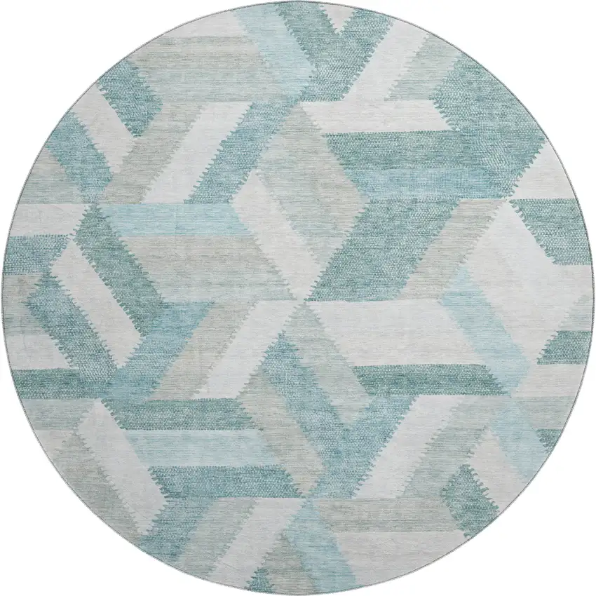 8' X 8' Teal Ivory And Gray Geometric Washable Round Rug With UV Protection Photo 1