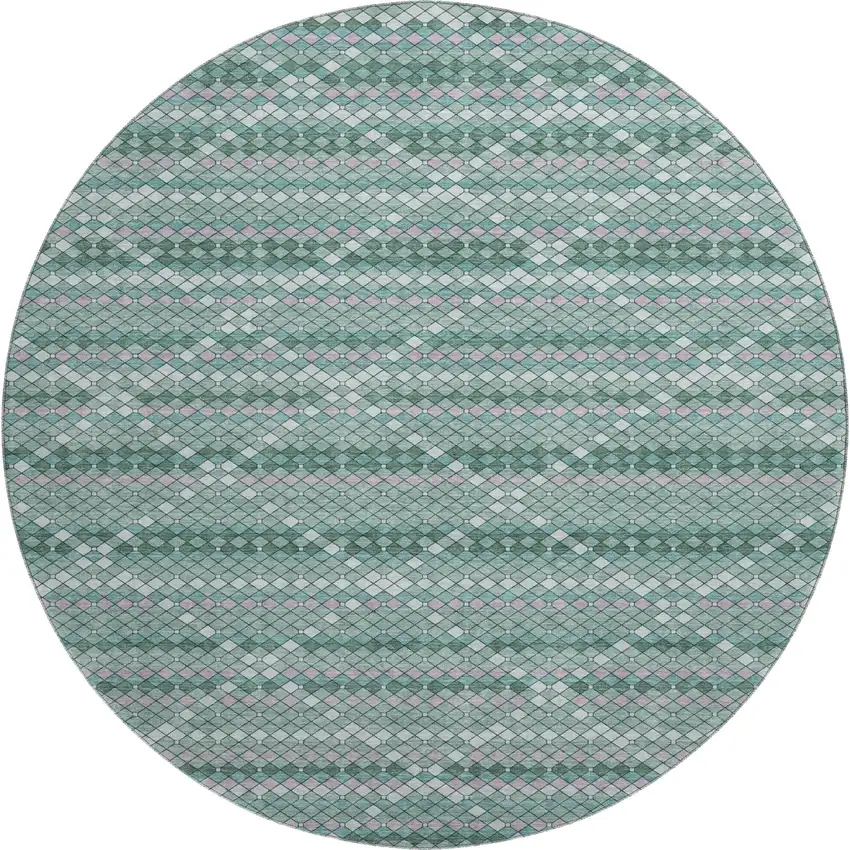 8' X 8' Teal Ivory And Lavender Geometric Washable Round Rug With UV Protection Photo 1